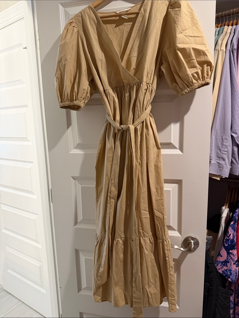 H&M Tan Puff-Sleeve Wrap Maxi Dress